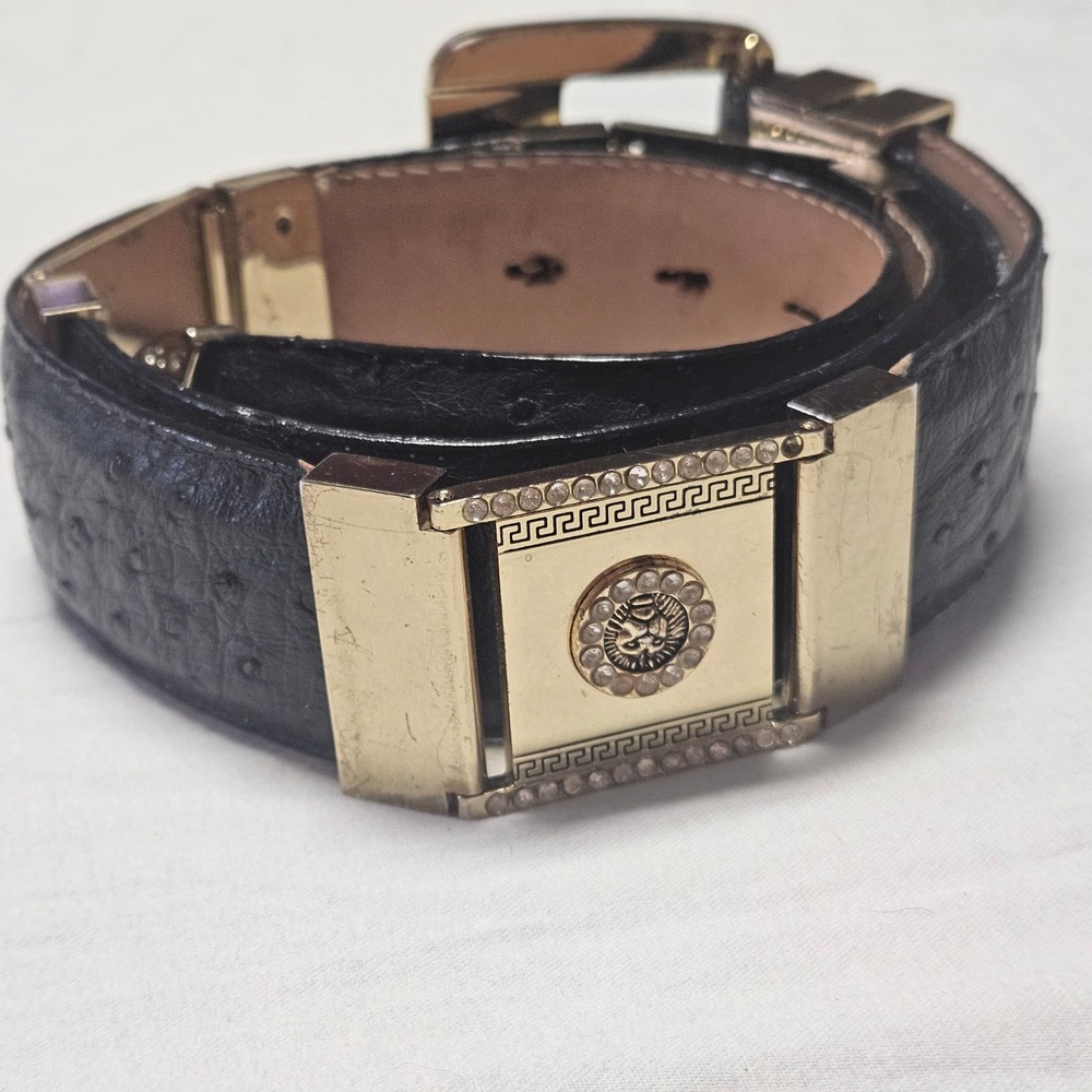 El General Ostrich Leather Belt Mens 32 Black Gold Lion‎ Rhinestone Western Luxe